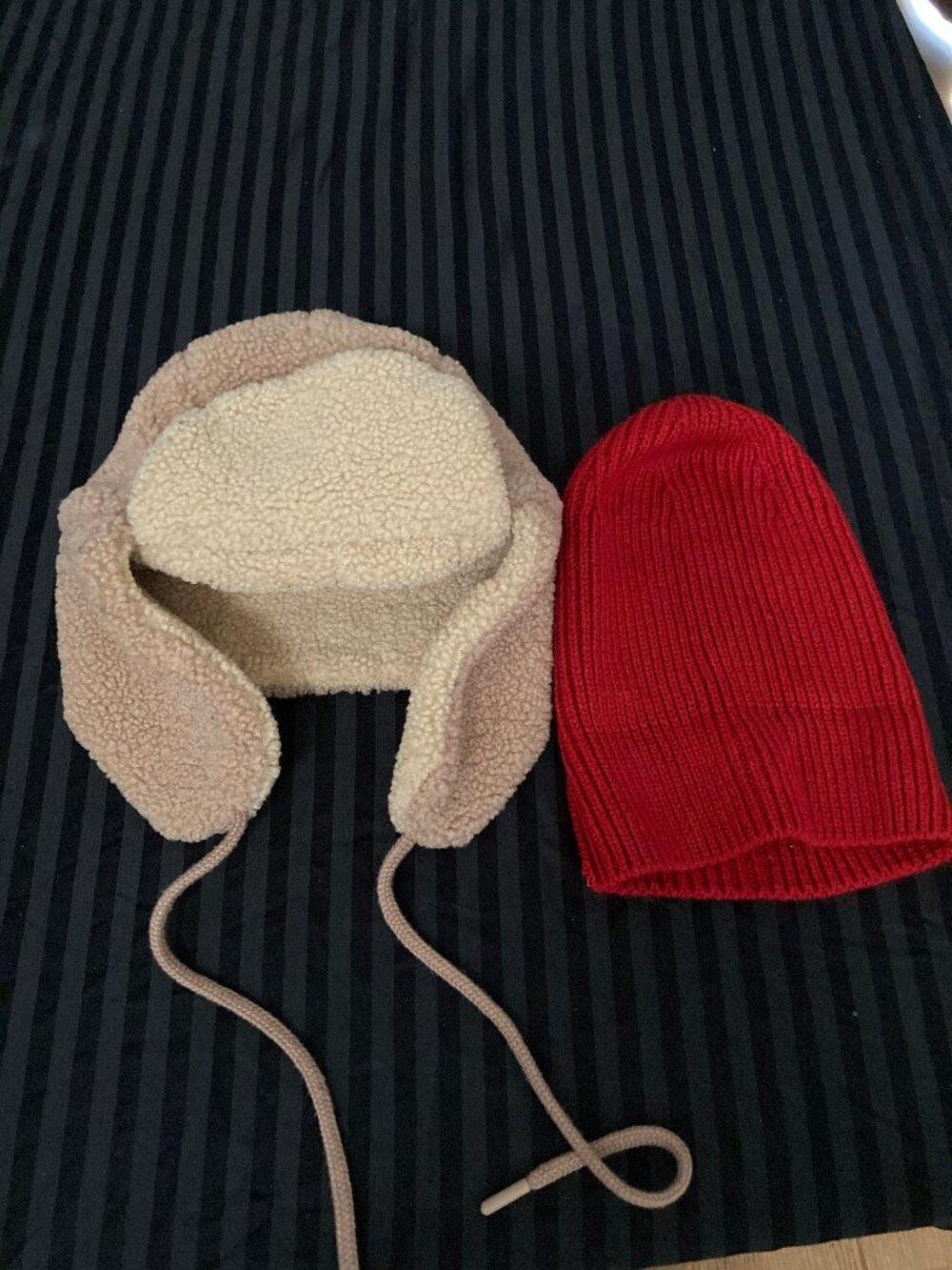 2-Pack Winter Hats Red Knit Beanie & Light Tan Ear Flap Hat